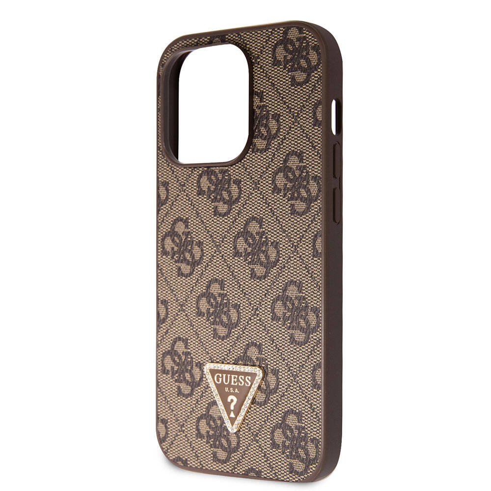 Apple iPhone 14 Pro Case Guess Original Licensed PU Leather Stone Triangle Logo 4G Patterned Cover Brown