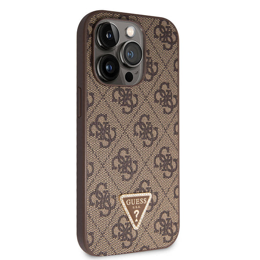 Apple iPhone 14 Pro Case Guess Original Licensed PU Leather Stone Triangle Logo 4G Patterned Cover Brown