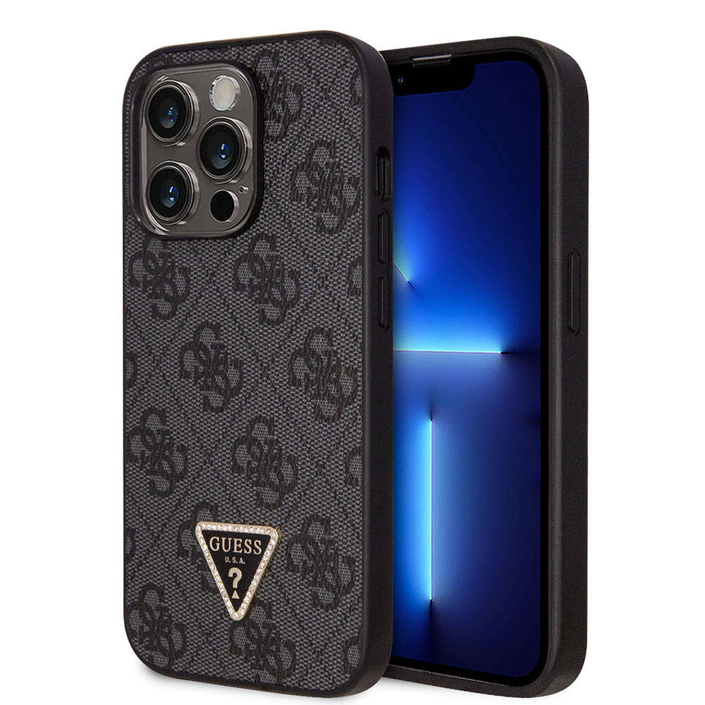 Apple iPhone 14 Pro Case Guess Original Licensed PU Leather Stone Triangle Logo 4G Patterned Cover Brown