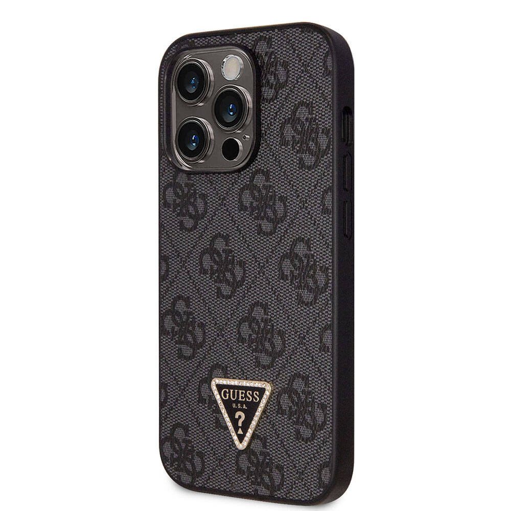 Apple iPhone 14 Pro Case Guess Original Licensed PU Leather Stone Triangle Logo 4G Patterned Cover Brown