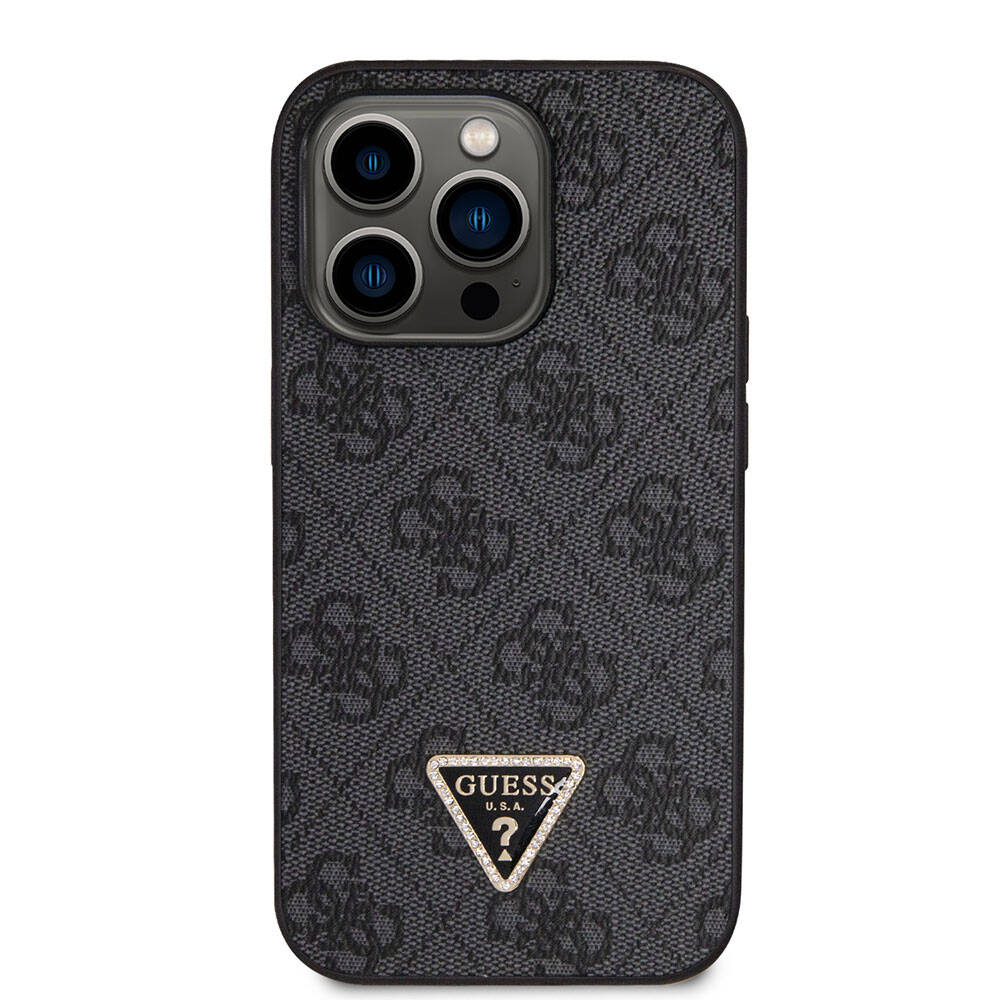 Apple iPhone 14 Pro Case Guess Original Licensed PU Leather Stone Triangle Logo 4G Patterned Cover Brown