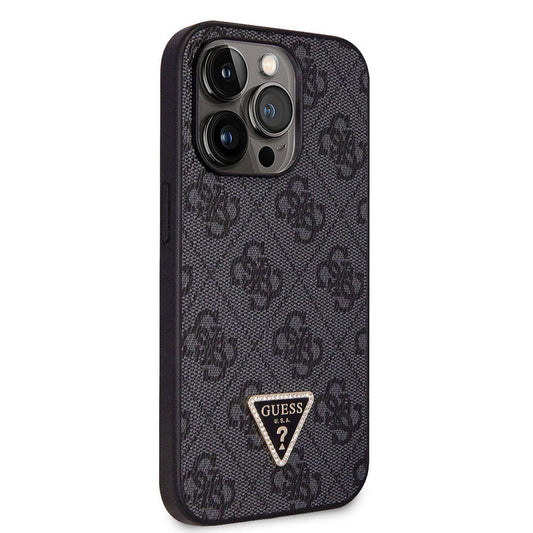 Apple iPhone 14 Pro Case Guess Original Licensed PU Leather Stone Triangle Logo 4G Patterned Cover Black
