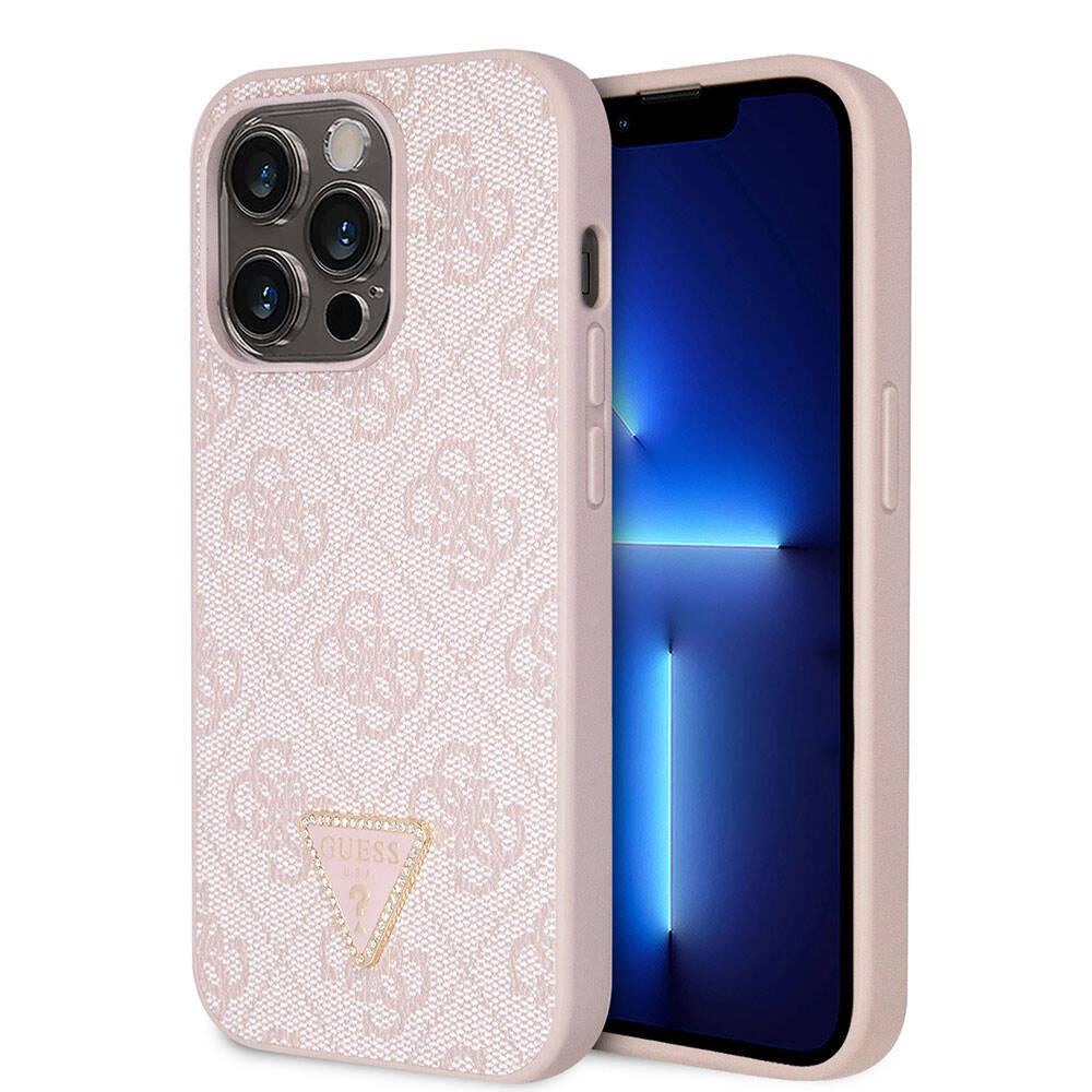 Apple iPhone 14 Pro Case Guess Original Licensed PU Leather Stone Triangle Logo 4G Patterned Cover Brown