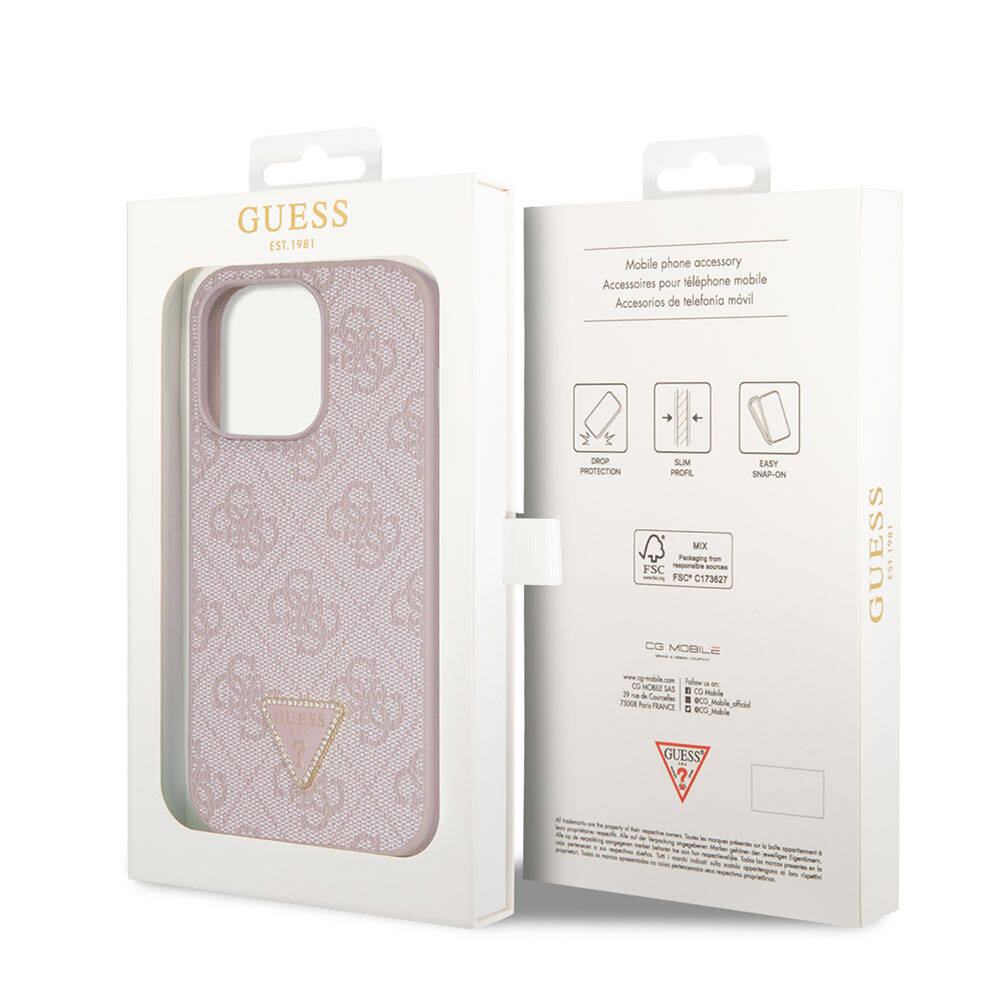Apple iPhone 14 Pro Case Guess Original Licensed PU Leather Stone Triangle Logo 4G Patterned Cover Brown