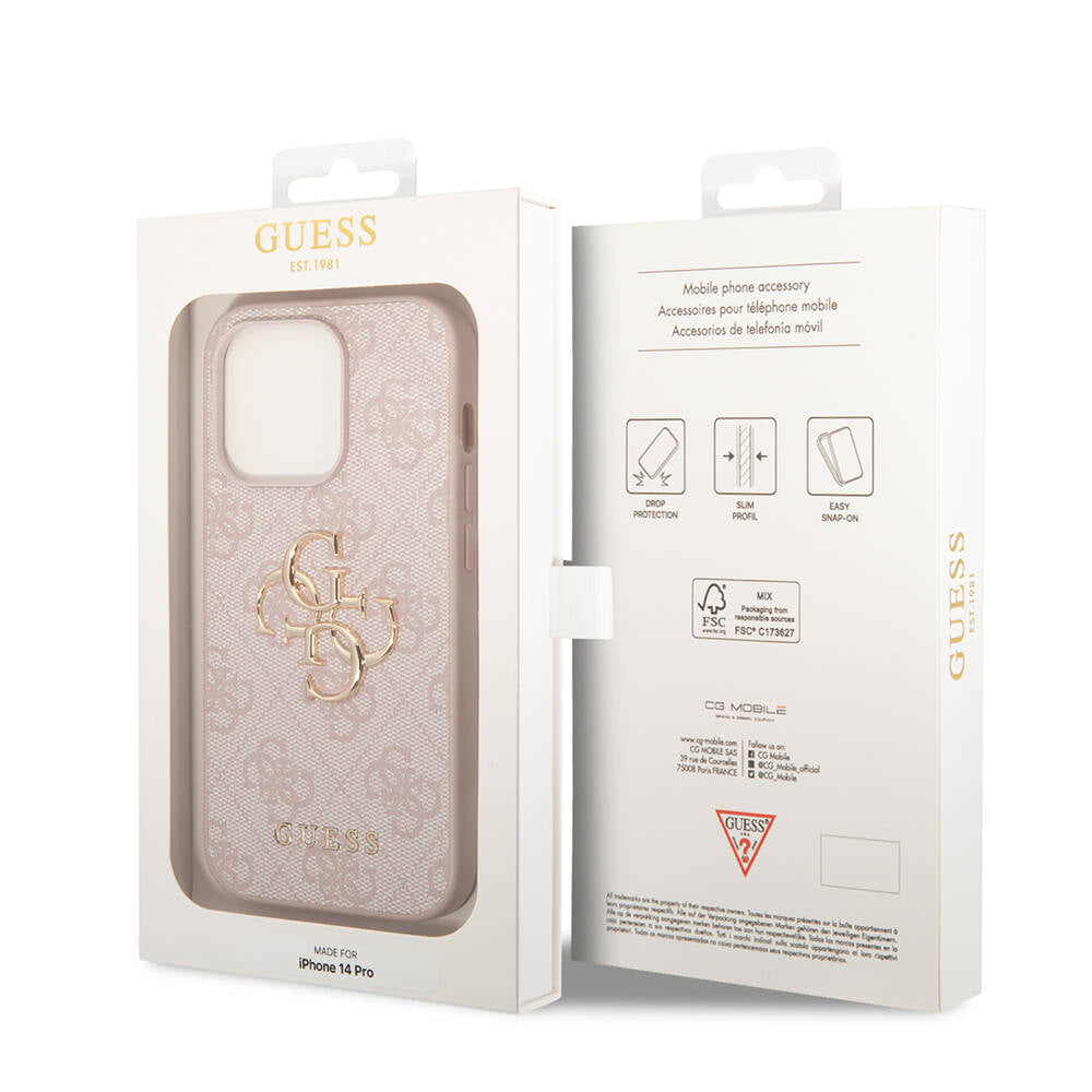 Apple iPhone 14 Pro Case Guess PU Leather Large Metal Logo Design Cover Pink