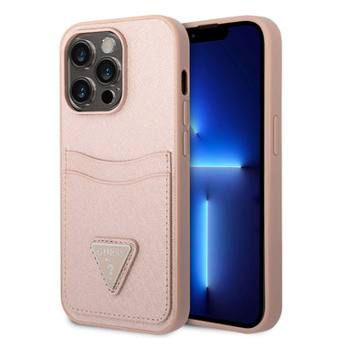 Apple iPhone 14 Pro Case GUESS PU Saffron Leather Card Holder Design Cover Pink