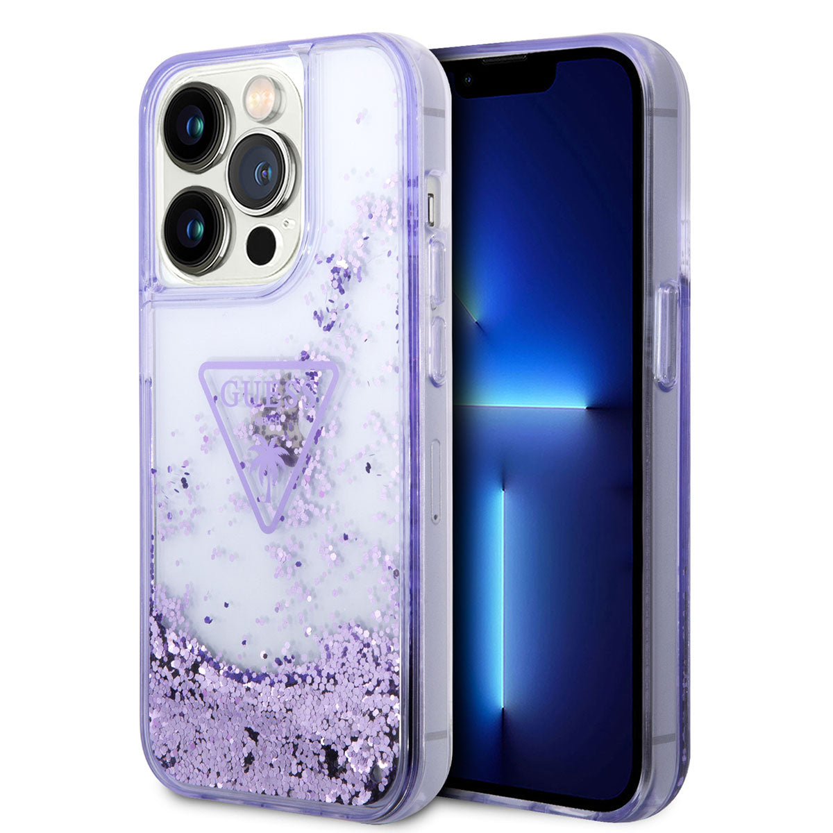 Apple iPhone 14 Pro Case GUESS Transparent Liquid Glitter Design Cover Purple