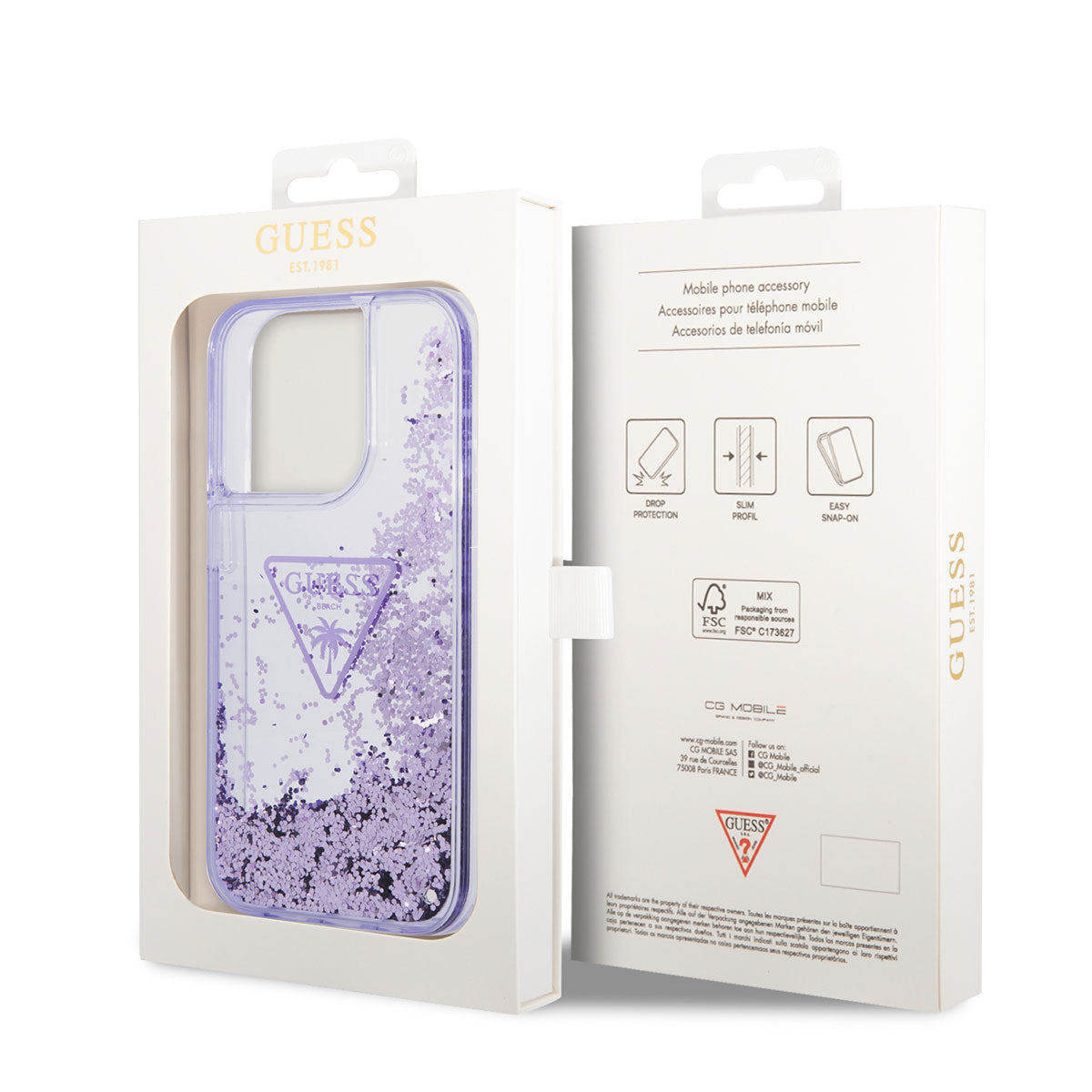 Apple iPhone 14 Pro Case GUESS Transparent Liquid Glitter Design Cover Purple