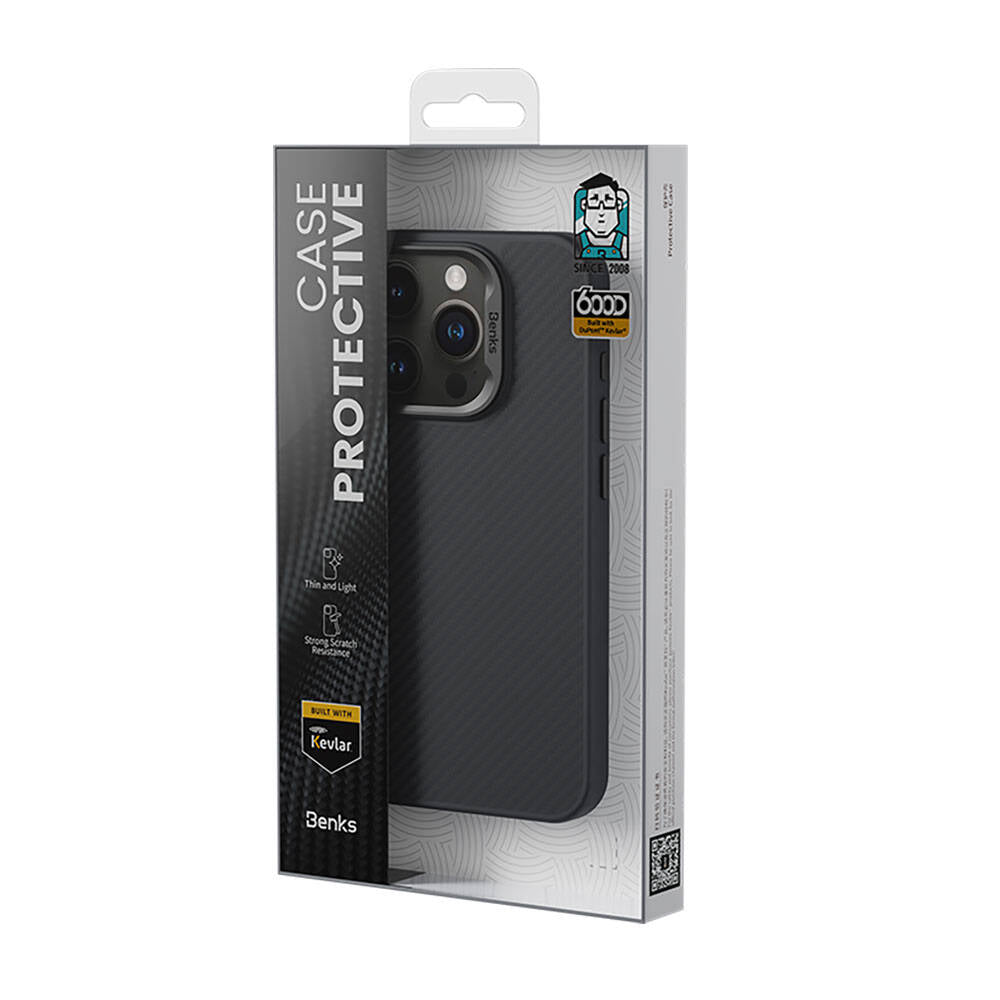 Apple iPhone 14 Pro Case Carbon Fiber M-Safe Charging Feature Benks Hybrid ArmorPro 600D Kevlar Cover Black 