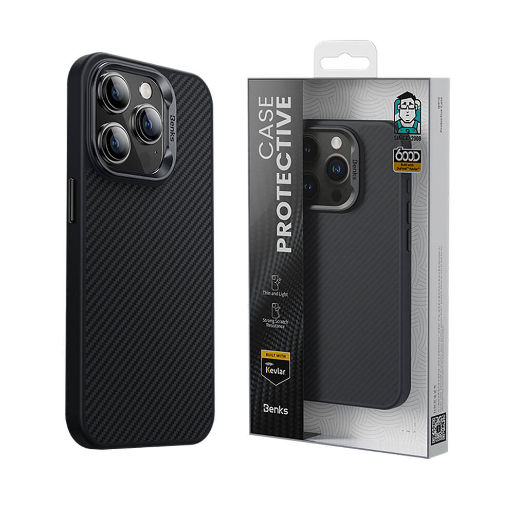 Apple iPhone 14 Pro Case Carbon Fiber M-Safe Charging Feature Benks Hybrid ArmorPro 600D Kevlar Cover Black 