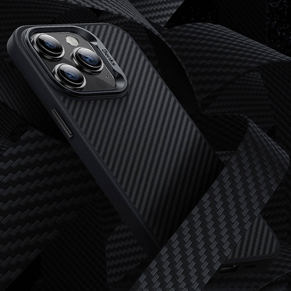 Apple iPhone 14 Pro Case Carbon Fiber M-Safe Charging Feature Benks Hybrid ArmorPro 600D Kevlar Cover Black 