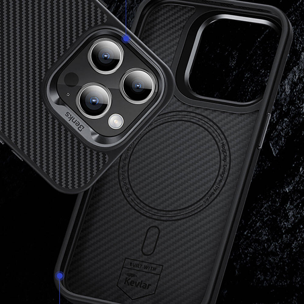 Apple iPhone 14 Pro Case Carbon Fiber M-Safe Charging Feature Benks Hybrid ArmorPro 600D Kevlar Cover Black 