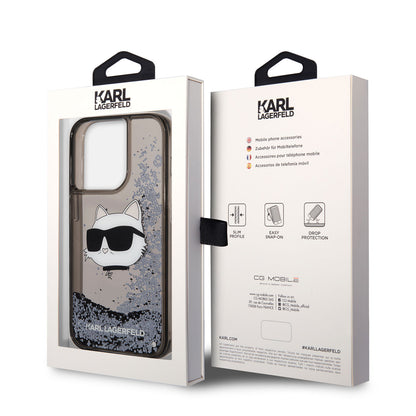 Apple iPhone 14 Pro Kılıf Karl Lagerfeld Sıvılı Simli Choupette Head Dizayn Kapak Siyah