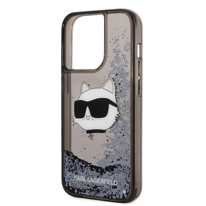 Apple iPhone 14 Pro Kılıf Karl Lagerfeld Sıvılı Simli Choupette Head Dizayn Kapak Siyah
