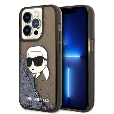 Apple iPhone 14 Pro Kılıf Karl Lagerfeld Sıvılı Simli Karl Head Dizayn Kapak Siyah