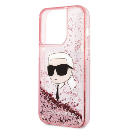 Apple iPhone 14 Pro Kılıf Karl Lagerfeld Sıvılı Simli Karl Head Dizayn Kapak Siyah