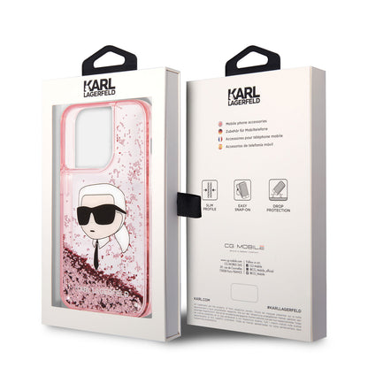 Apple iPhone 14 Pro Kılıf Karl Lagerfeld Sıvılı Simli Karl Head Dizayn Kapak Siyah