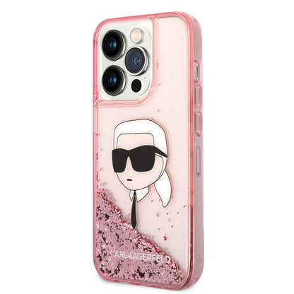 Apple iPhone 14 Pro Kılıf Karl Lagerfeld Sıvılı Simli Karl Head Dizayn Kapak Pembe