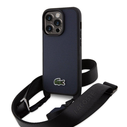 Apple iPhone 14 Pro Kılıf Lacoste Orjinal Lisanslı PU Pike Desenli Arka Yüzey Askılı İkonik Timsah Dokuma Logolu Kapak Lacivert