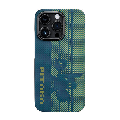 Apple iPhone 14 Pro Kılıf M-safe Şarj Özellikli Aramid Fiber Pitaka Tactile Woven Pixel Game Kapak Yeşil-Mavi
