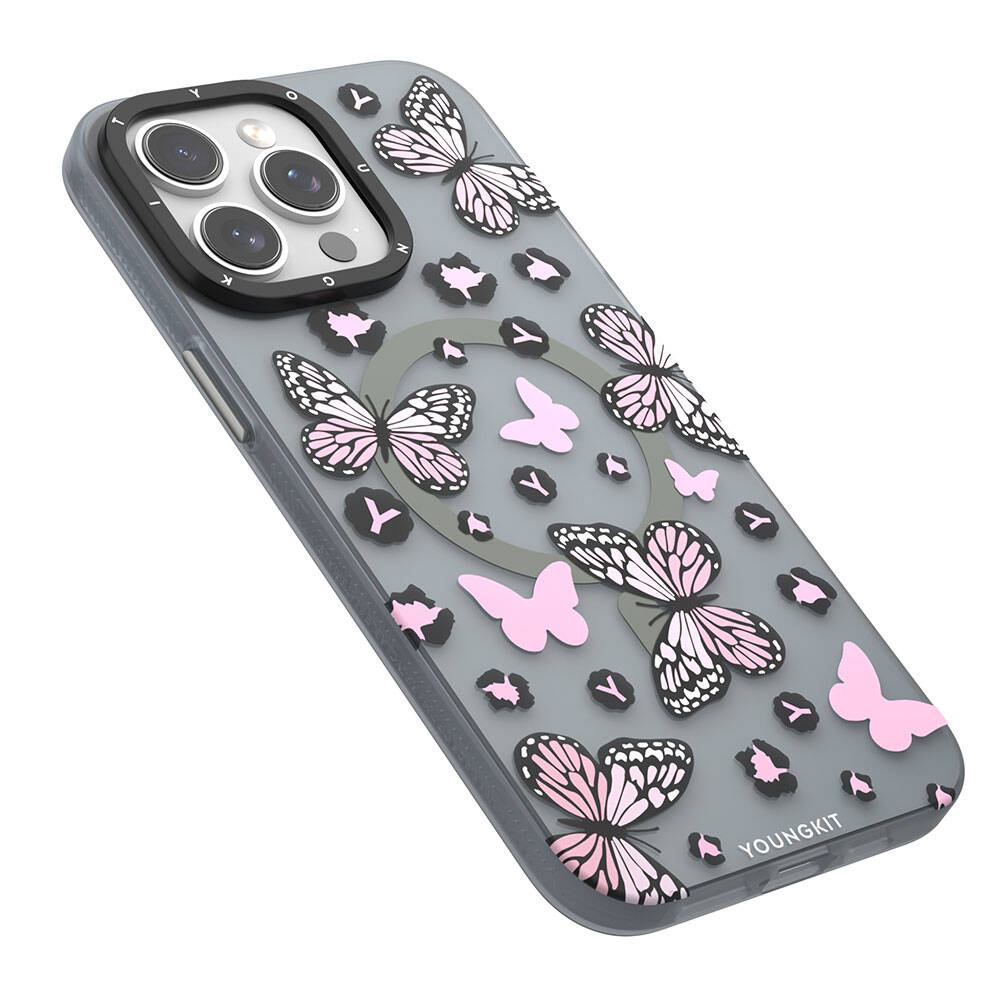 Apple iPhone 14 Pro Case M-safe Charging Feature Butterfly Pattern Youngkit Shadow Dance Series Cover Gray 