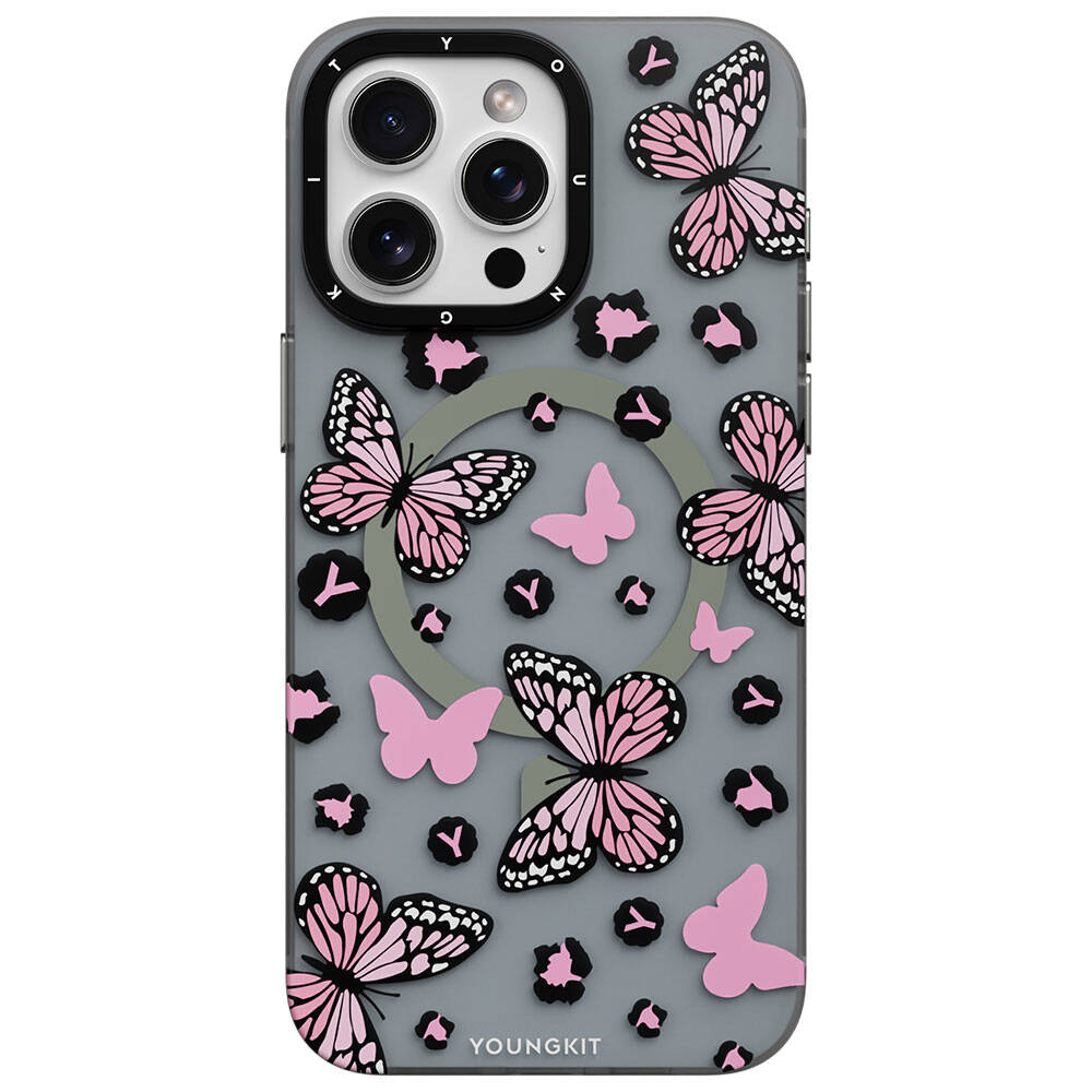 Apple iPhone 14 Pro Case M-safe Charging Feature Butterfly Pattern Youngkit Shadow Dance Series Cover Black 
