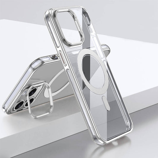 Apple iPhone 14 Pro Kılıf M-safe Şarj Özellikli Wlons Standlı Efsane Kapak Gümüş