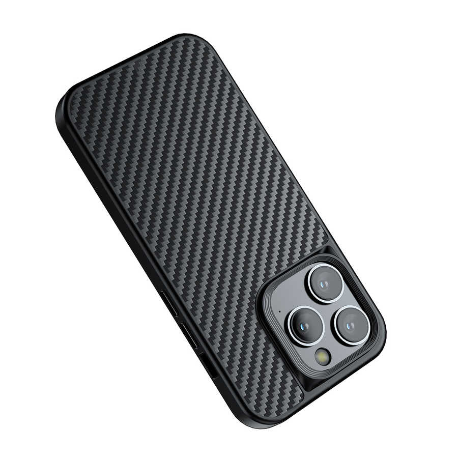 Apple iPhone 14 Pro Max Kılıf Aramid Karbon Fiber M-safe Özellikli Wlons Radison Kapak Siyah