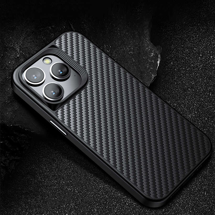 Apple iPhone 14 Pro Max Kılıf Aramid Karbon Fiber M-safe Özellikli Wlons Radison Kapak Siyah
