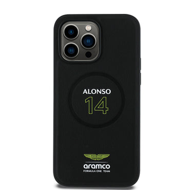 Apple iPhone 14 Pro Max Kılıf Aston Martin Orjinal Lisanslı M-safe Şarj Özellikli PU Deri Alonso 14 Baskılı Kapak Siyah