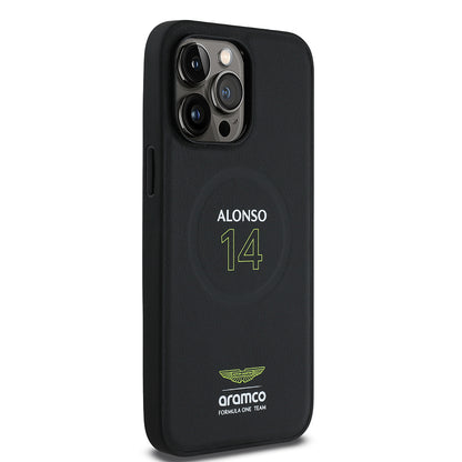 Apple iPhone 14 Pro Max Kılıf Aston Martin Orjinal Lisanslı M-safe Şarj Özellikli PU Deri Alonso 14 Baskılı Kapak Siyah