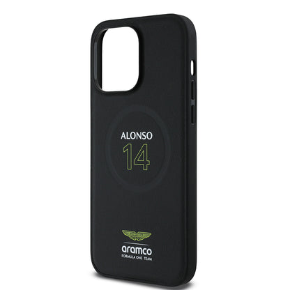 Apple iPhone 14 Pro Max Kılıf Aston Martin Orjinal Lisanslı M-safe Şarj Özellikli PU Deri Alonso 14 Baskılı Kapak Siyah