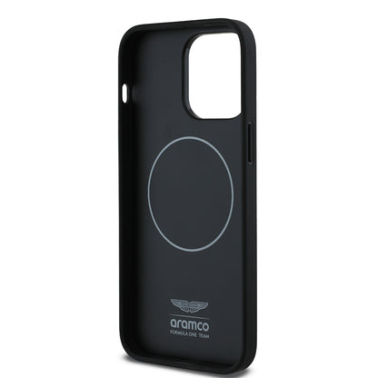 Apple iPhone 14 Pro Max Kılıf Aston Martin Orjinal Lisanslı M-safe Şarj Özellikli PU Deri Alonso 14 Baskılı Kapak Siyah