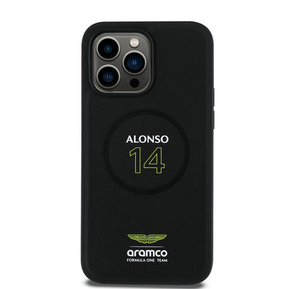 Apple iPhone 14 Pro Max Kılıf Aston Martin Orjinal Lisanslı M-safe Şarj Özellikli PU Deri Alonso 14 Baskılı Kapak Siyah