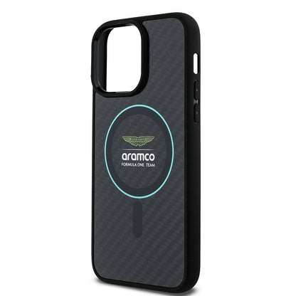 Apple iPhone 14 Pro Max Kılıf Aston Martin Orjinal Lisanslı M-safe Şarj Özellikli Renkli Halka ve Karbon Fiber Tasarımlı Kapak Siyah-Yeşil