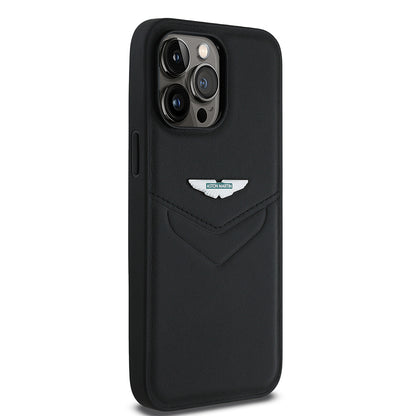 Apple iPhone 14 Pro Max Kılıf Aston Martin Orjinal Lisanslı Victory Dizayn PU Deri Metal Logolu Kapak Siyah