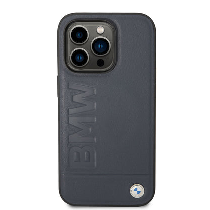 Apple iPhone 14 Pro Max Kılıf BMW M-safe Şarj Özellikli Deri Sıcak Mühür Baskılı Logo Dizayn Kapak Petrol Mavi