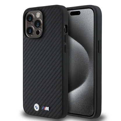 Apple iPhone 14 Pro Max Kılıf BMW Orjinal Lisanslı Karbon Fiber Tasarımlı ve Metal Logolu PU Deri Kapak Siyah
