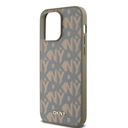 Apple iPhone 14 Pro Max Kılıf DKNY Orjinal Lisanslı M-safe Şarj Özellikli 3D Yazılı Grid Pattern Kapak Gri