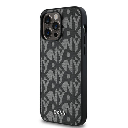 Apple iPhone 14 Pro Max Kılıf DKNY Orjinal Lisanslı M-safe Şarj Özellikli 3D Yazılı Grid Pattern Kapak Gri