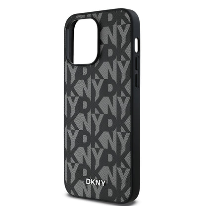 Apple iPhone 14 Pro Max Kılıf DKNY Orjinal Lisanslı M-safe Şarj Özellikli 3D Yazılı Grid Pattern Kapak Kahverengi
