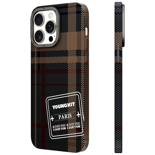 Apple iPhone 14 Pro Max Plaid Patterned Youngkit Gezhi Series Cover Brown 
