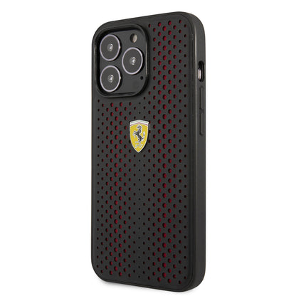 Apple iPhone 14 Pro Max Kılıf Ferrari Deri Sarı Noktalı Dizayn Kapak Kırmızı