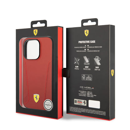 Apple iPhone 14 Pro Max Kılıf Ferrari M-safe Şarj Özellikli Deri Kenarları Damgalı Dizayn Kapak Kırmızı