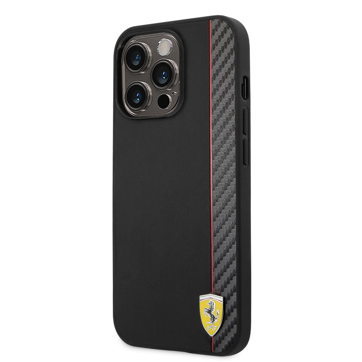 Apple iPhone 14 Pro Max Kılıf Ferrari M-safe Şarj Özellikli Pu Deri Ve Karbon Şeritli Dizayn Kapak Siyah