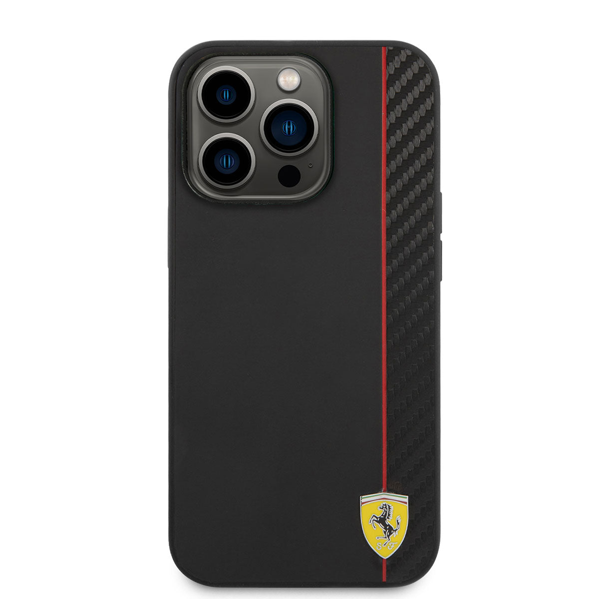 Apple iPhone 14 Pro Max Kılıf Ferrari M-safe Şarj Özellikli Pu Deri Ve Karbon Şeritli Dizayn Kapak Siyah