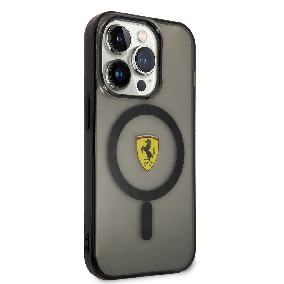 Apple iPhone 14 Pro Max Kılıf Ferrari M-safe Şarj Özellikli Yarı Transparan Dizayn Kapak Siyah