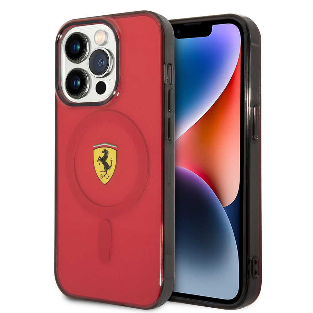 Apple iPhone 14 Pro Max Kılıf Ferrari M-safe Şarj Özellikli Yarı Transparan Dizayn Kapak Kırmızı