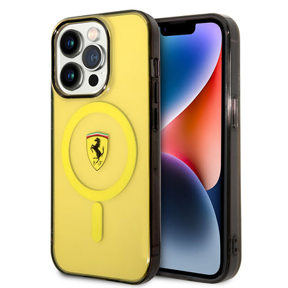 Apple iPhone 14 Pro Max Kılıf Ferrari M-safe Şarj Özellikli Yarı Transparan Dizayn Kapak Kırmızı