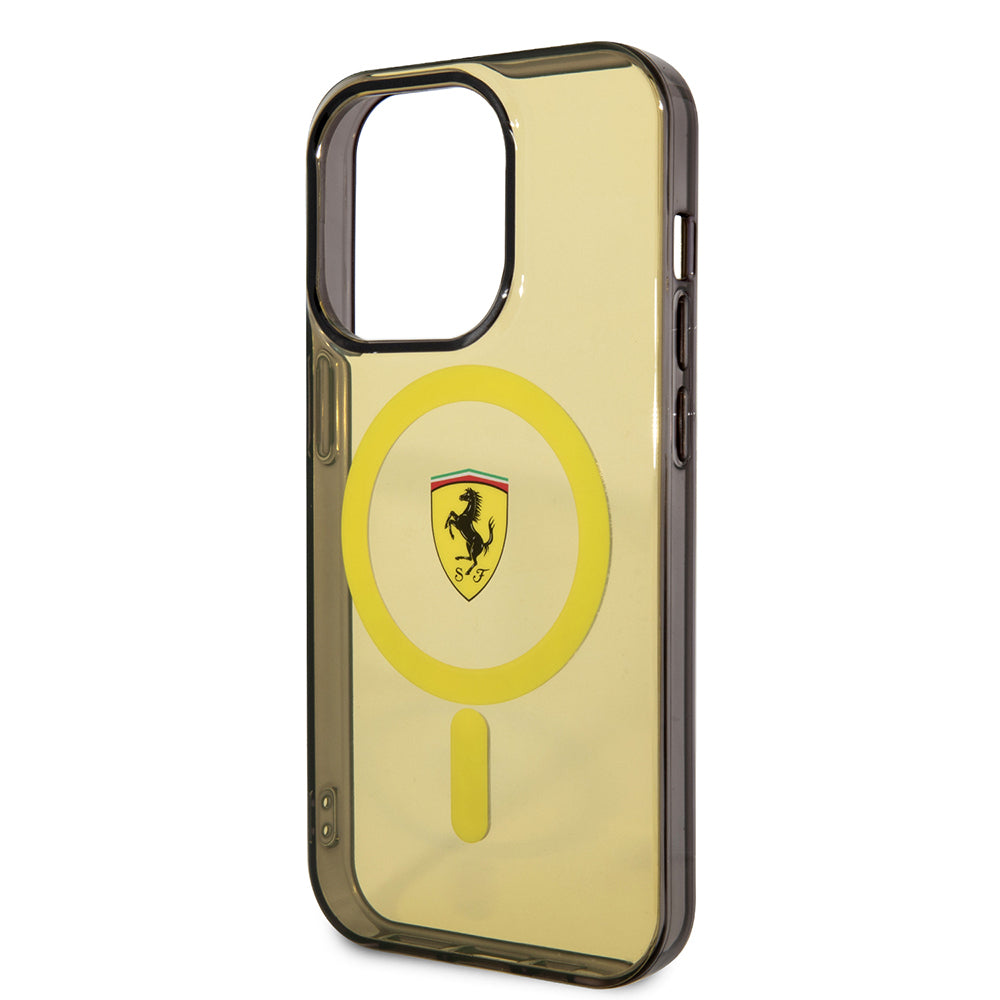 Apple iPhone 14 Pro Max Kılıf Ferrari M-safe Şarj Özellikli Yarı Transparan Dizayn Kapak Sarı